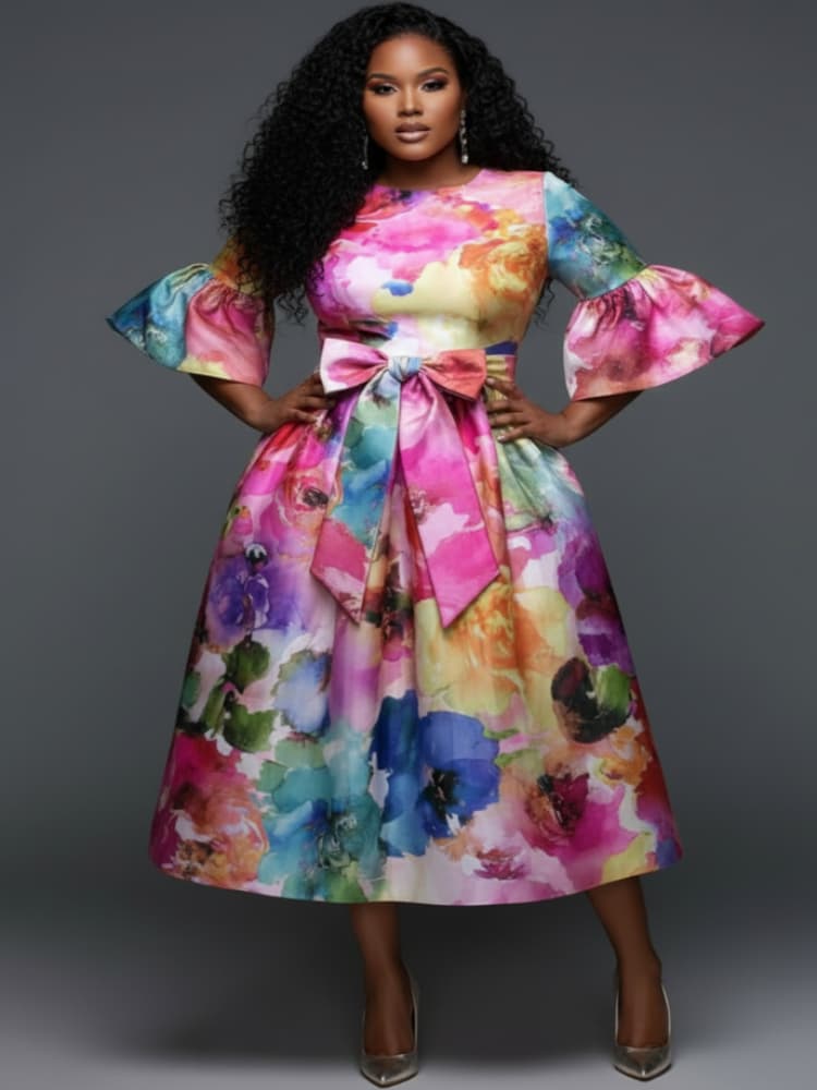 Midi Skirt Floral - Vestido Midi Plus Size com Decote